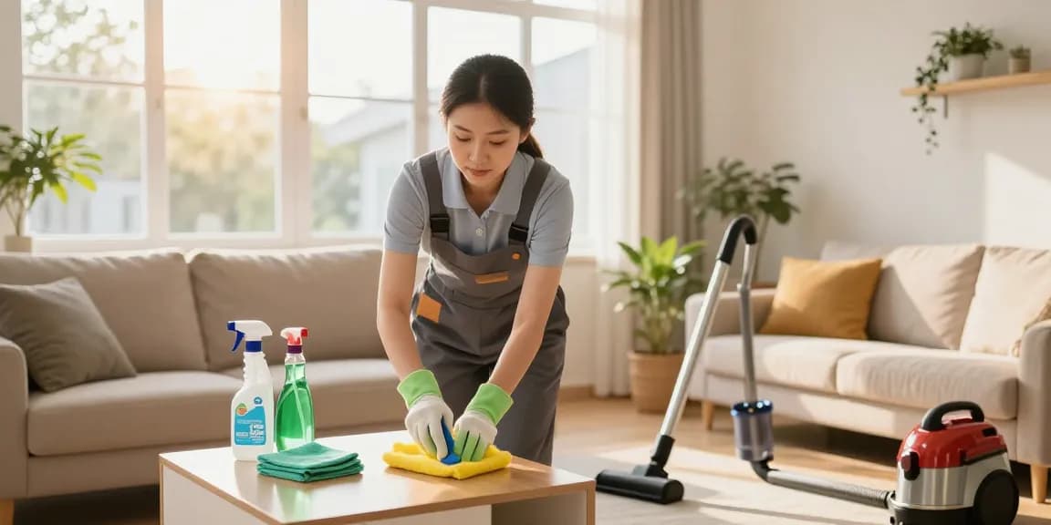 Expert residential reinigungen bern service in a bright living room, showcasing professional cleaning tools and warm atmosphere.