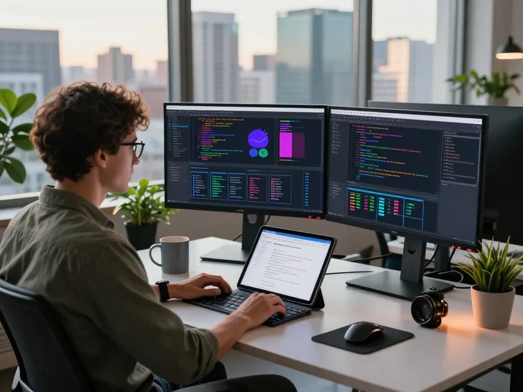 Developer coding on Techsslaash com at modern workspace with dual monitors and city view.