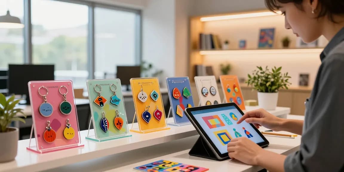 Custom acrylic standee display in a creative workspace showcasing vibrant designs.
