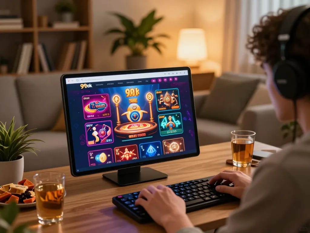 Engaging gameplay on the 99ok platform while enjoying a home setting with snacks and drinks