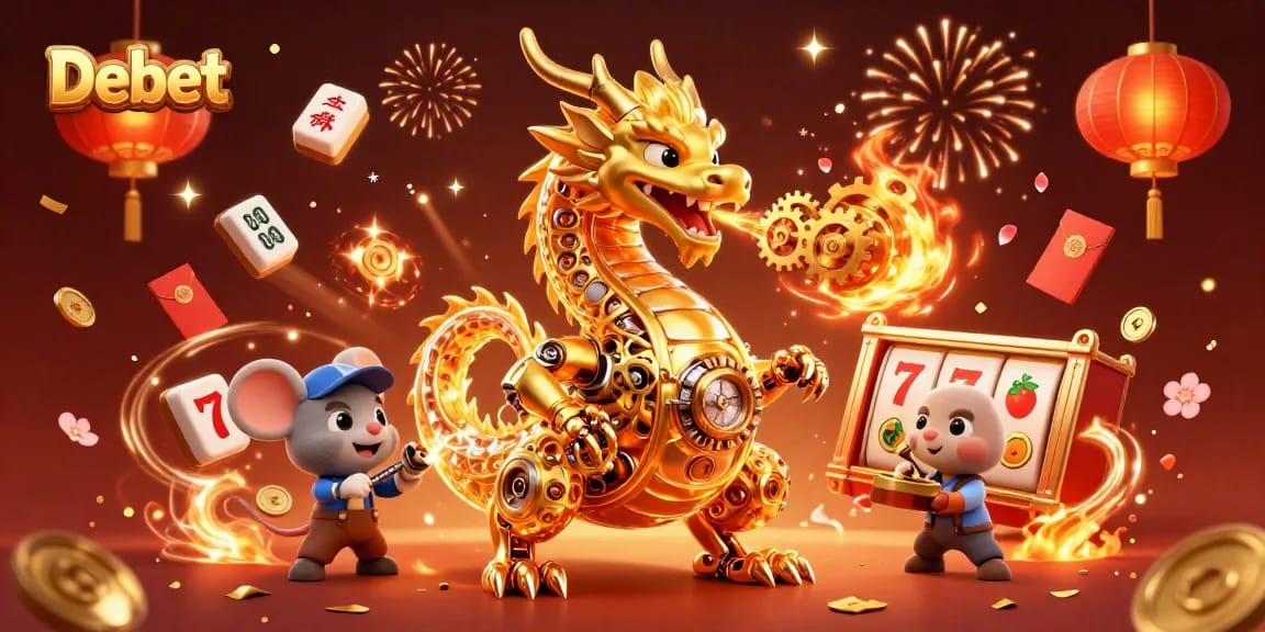 Engage with Debet by spinning slot reels amidst a gold and crimson celebration atmosphere.