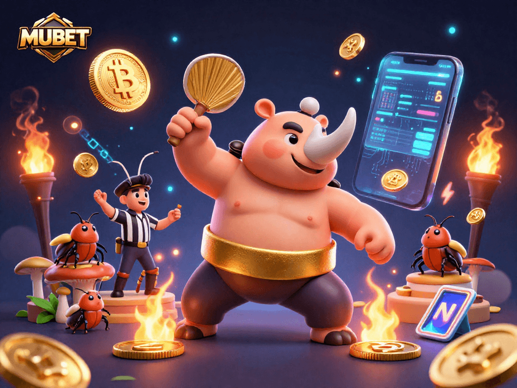 MUBET showcases a dynamic scene with a rhinoceros beetle champion at a crypto casino match.