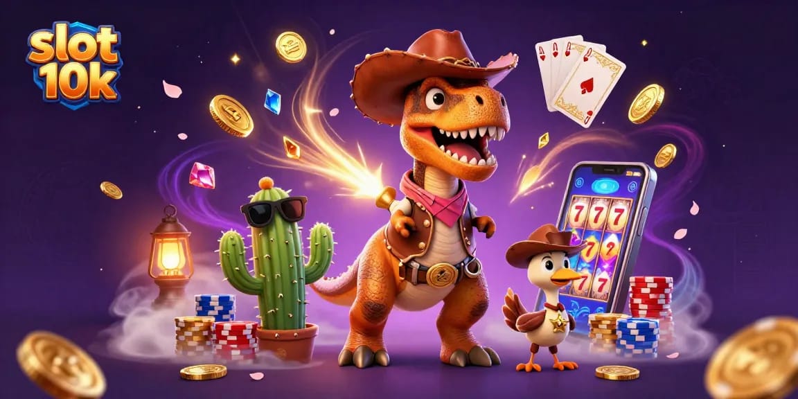 Engage with slot 10k action in a vibrant casino scene featuring colorful characters, coins, and gaming elements.