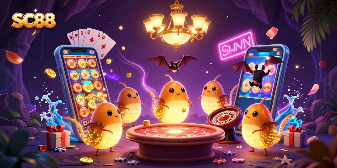 Engage with SC88's captivating 3D gambling scene featuring vibrant glowworms illuminating a cave casino environment.