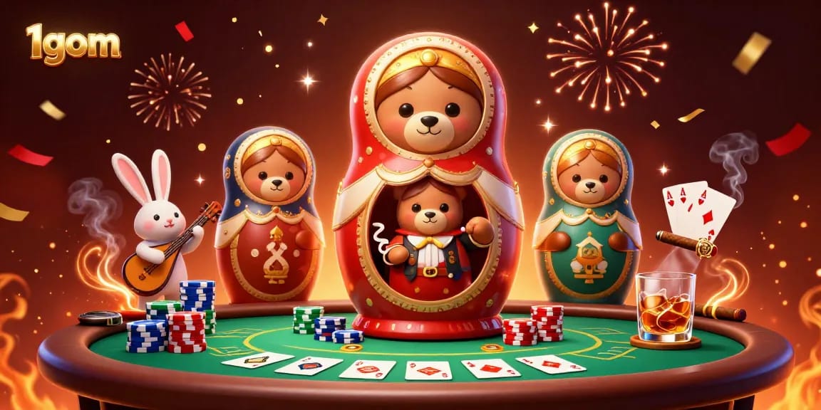 Engage with 1gom's vibrant casino scene featuring Matryoshka bears and poker elements!