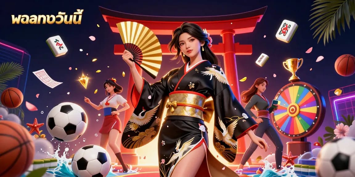 Bet on ผลบอลวันนี้ with thrilling sports scenes, illustrated woman, and engaging betting elements.