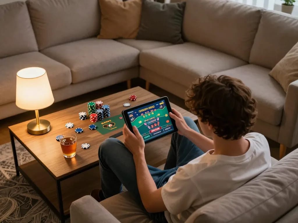 good88 online gaming session with a person engaging in live casino gameplay on a tablet, cozy home atmosphere
