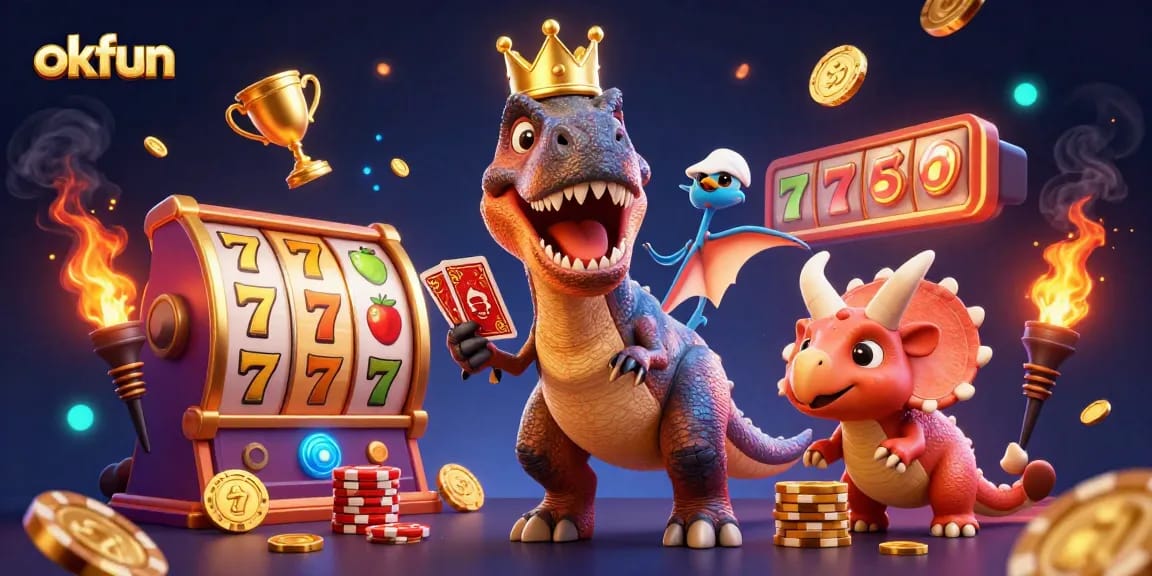 Experience exciting gameplay with okfun, featuring a vibrant casino theme with dinosaurs and gold coins.