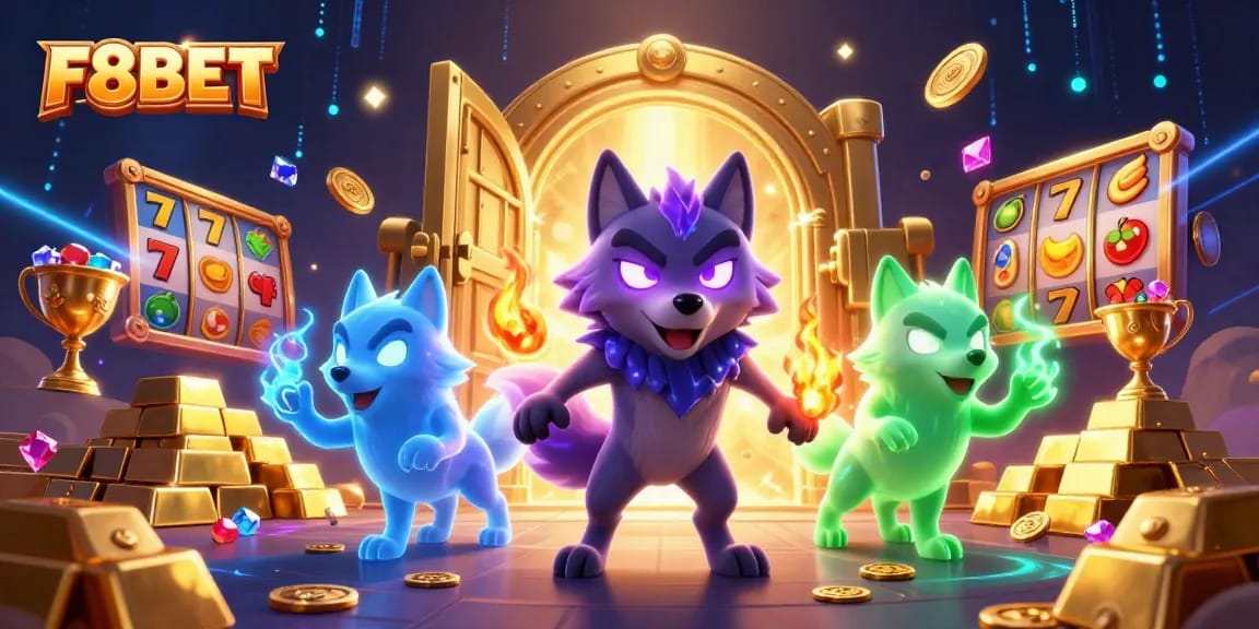 F8BET offers excitement as a shadow wolf leader leads treasure-filled slot adventures with vibrant spirits.