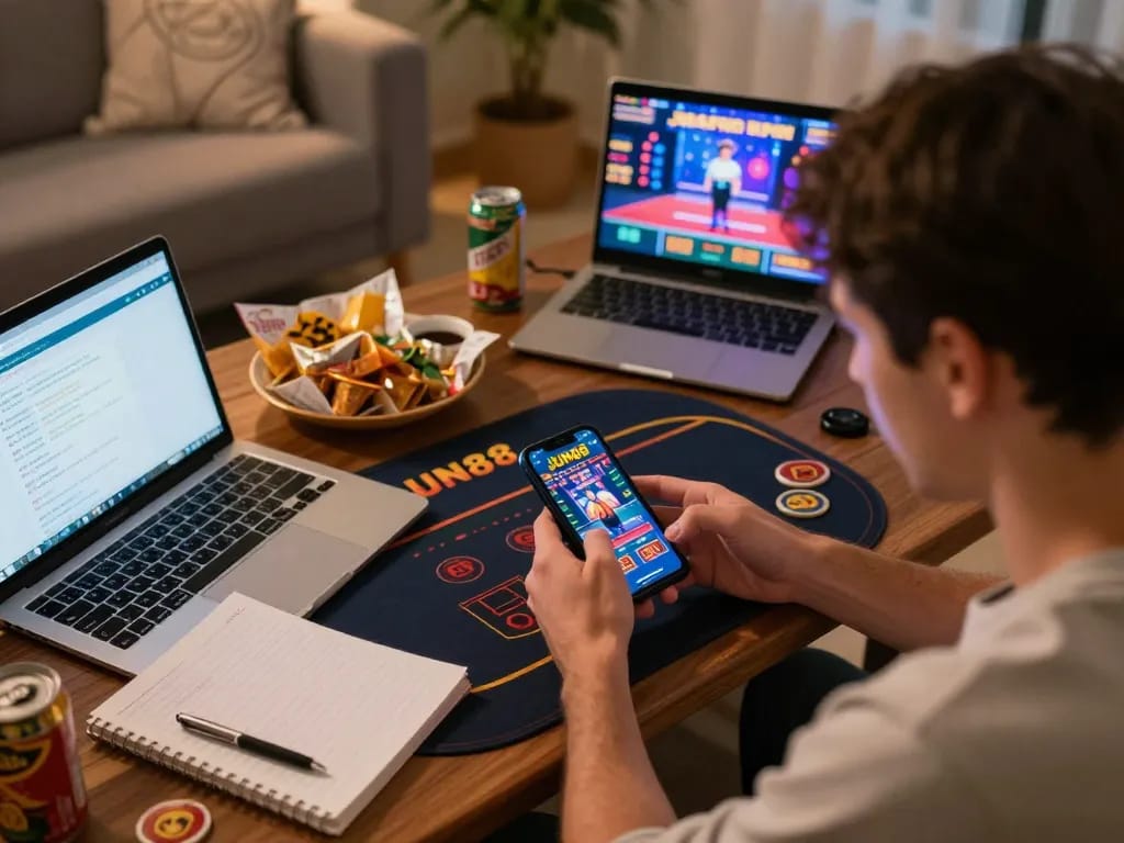 Engaging player using the JUN88 casino app on smartphone for online betting with a cozy setup
