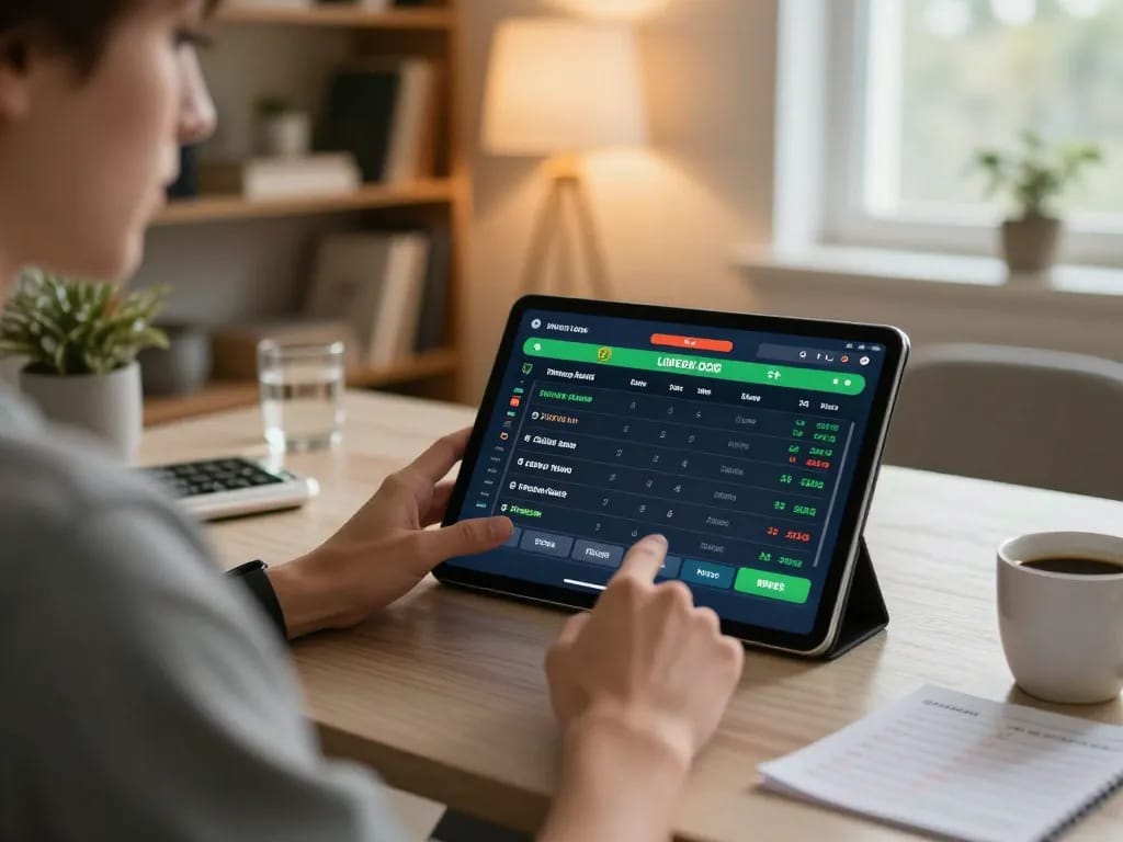 33win user actively placing sports bets on a tablet in a cozy home office environment.