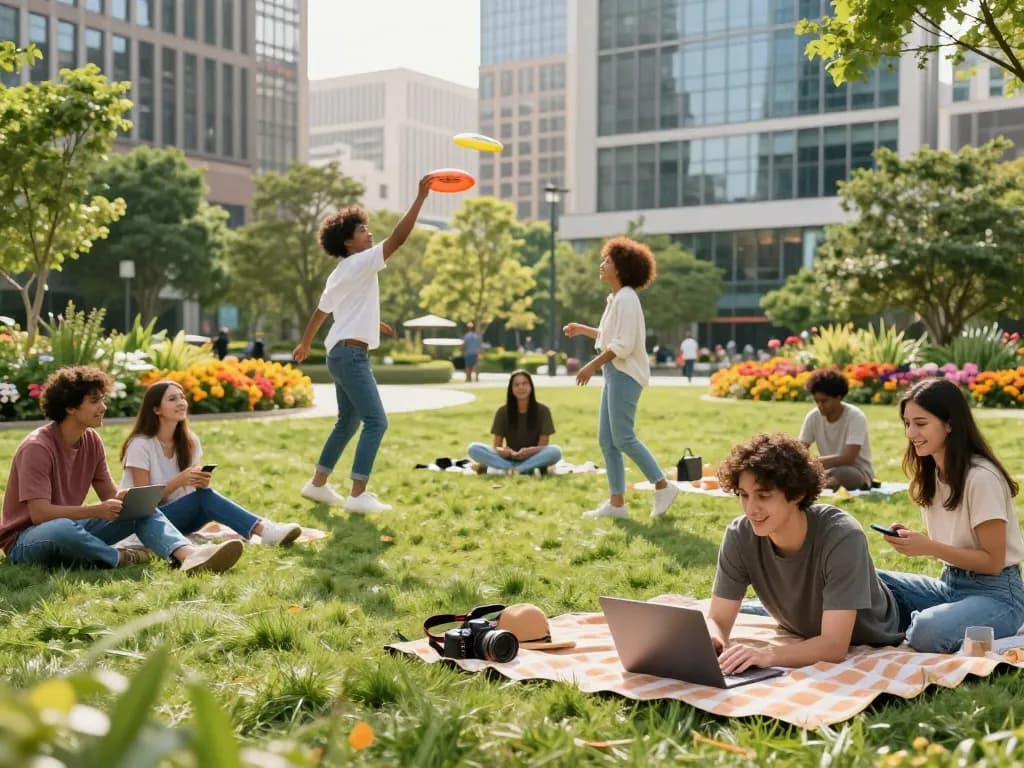 People enjoying leisure activities in the urban park, reflecting the lively spirit of five88.