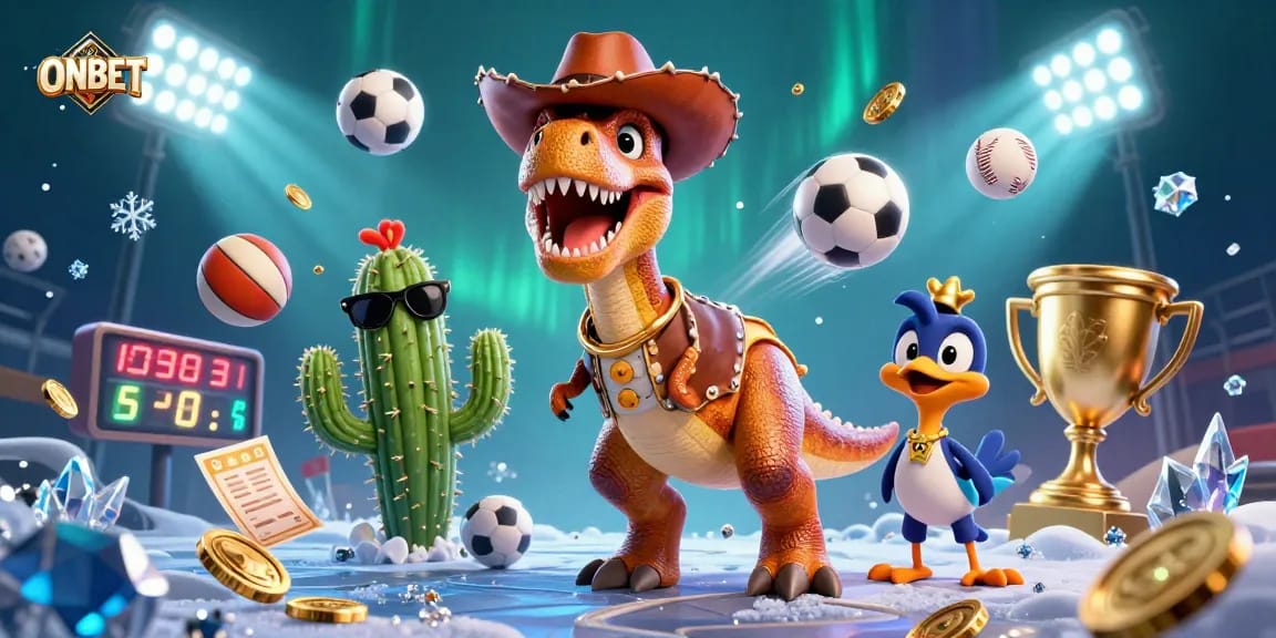Experience ONBET’s thrilling gaming adventure with a vibrant casino scene featuring T-Rex and friends.