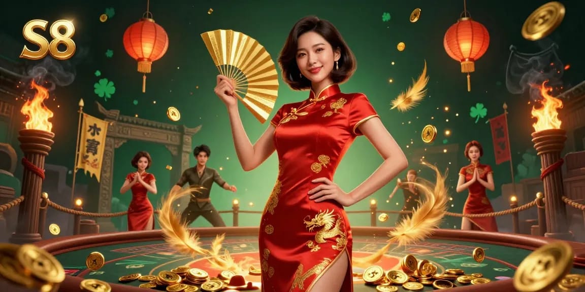 S8 offers thrilling gaming action with a radiant Asian woman, golden coins, and dynamic casino elements.