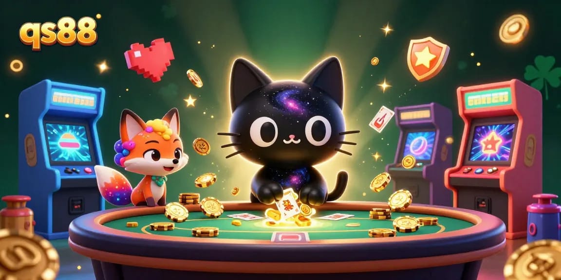Engage in thrilling gameplay at qs88 with a dynamic casino scene featuring vibrant characters and gambling elements.