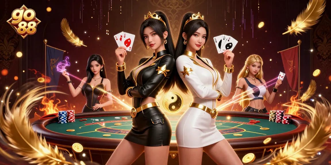 Experience the thrill of go 88 as twin Asian women face off with poker cards, surrounded by a dazzling casino atmosphere.