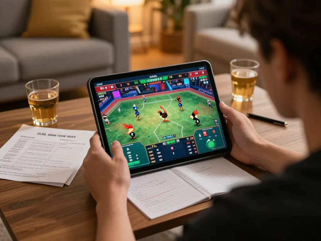Watching đá gà trực tiếp online on a tablet with intense match highlights and strategic gaming notes