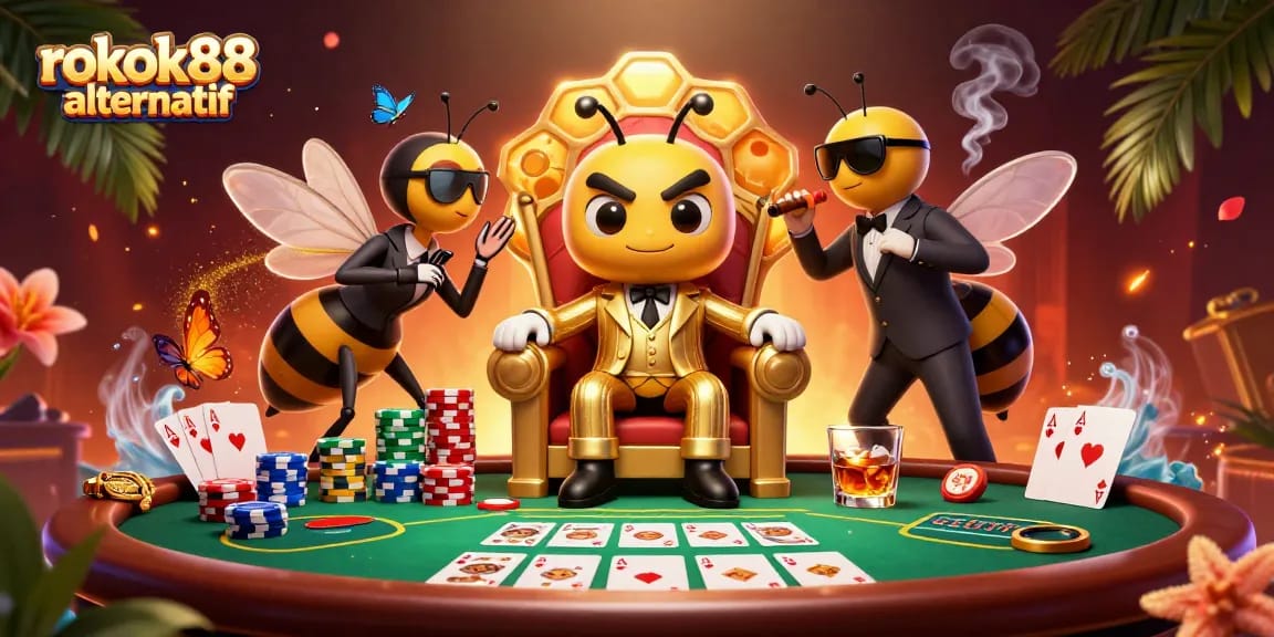 Play exciting games at rokok88 alternatif, featuring a vibrant 3D casino scene filled with poker chips.