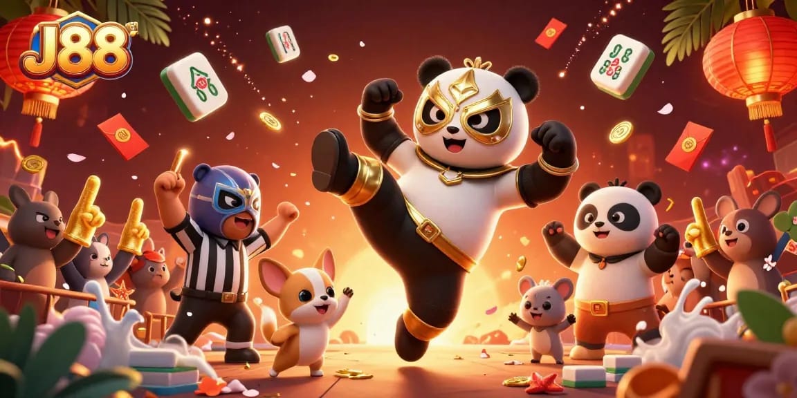 Engage with J88 gaming action featuring a flying panda wrestler amidst vibrant casino elements.