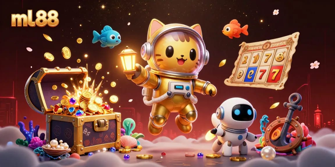 Engage with ml.88's vibrant online casino scene featuring a golden astronaut cat and robot dog amidst slot machines and treasure.