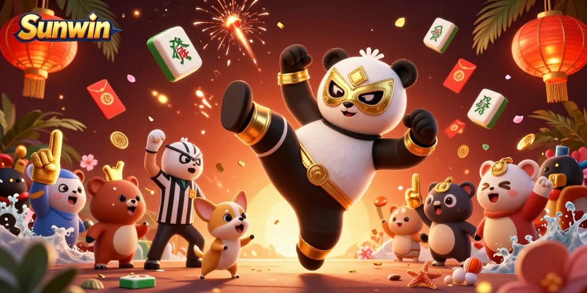 Engage in thrilling gameplay with Sunwin as a panda wrestler kicks and cheers erupt.