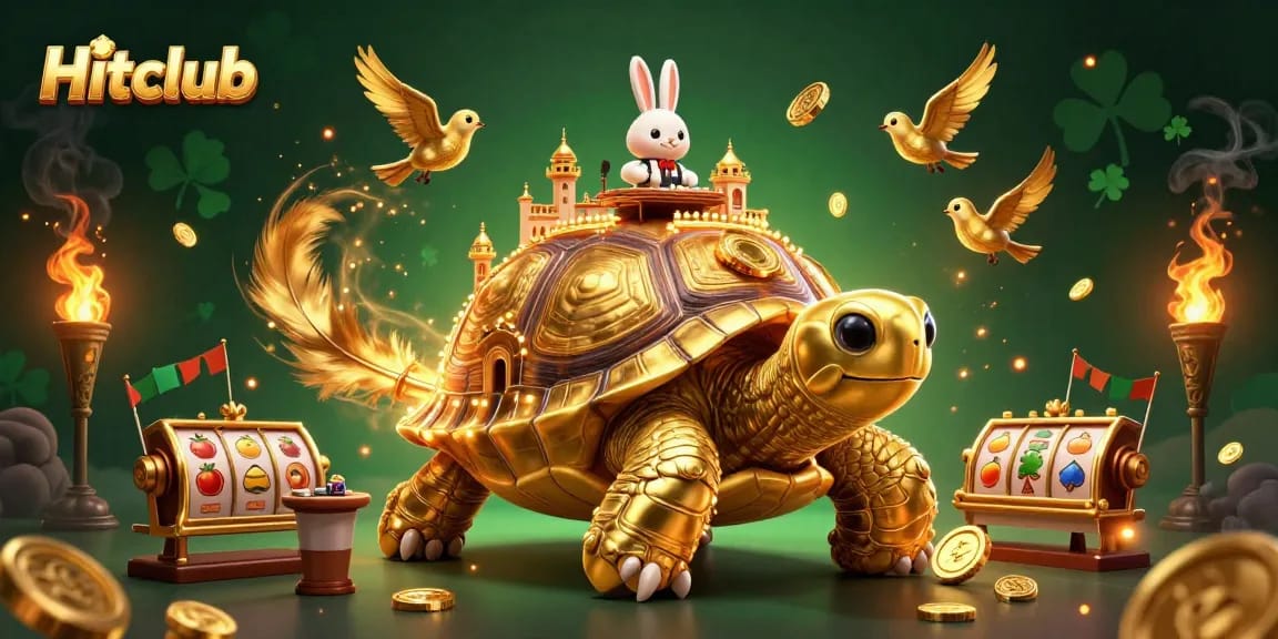 Hitclub’s lively casino scene featuring a golden tortoise and rabbit dealer surrounded by slot reels.