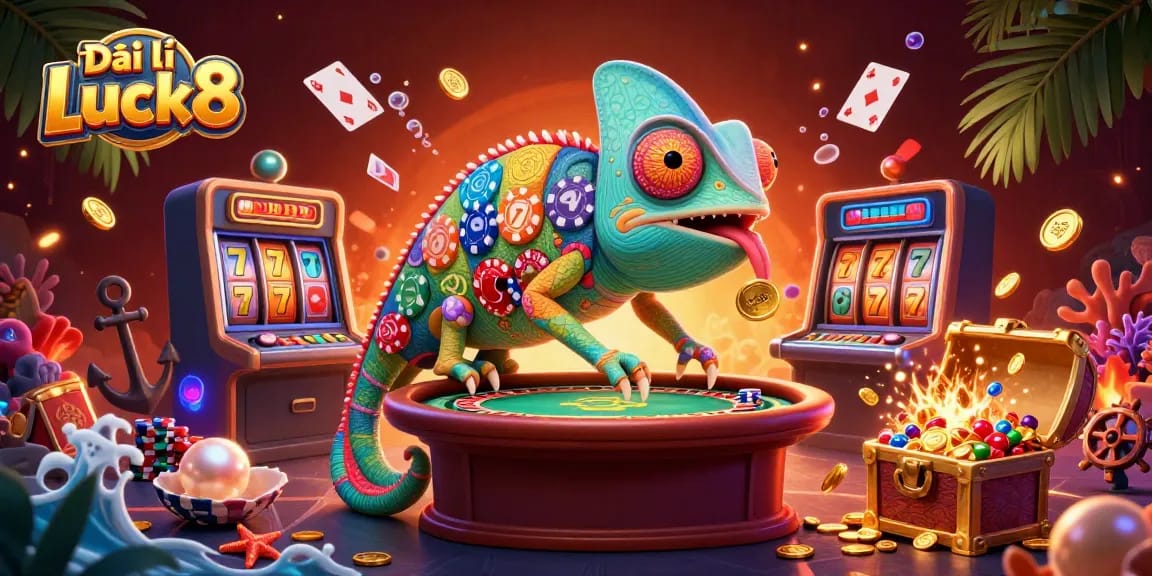 Play and win with Đại lý Luck8, a cartoon chameleon casino owner in a vibrant gaming environment.