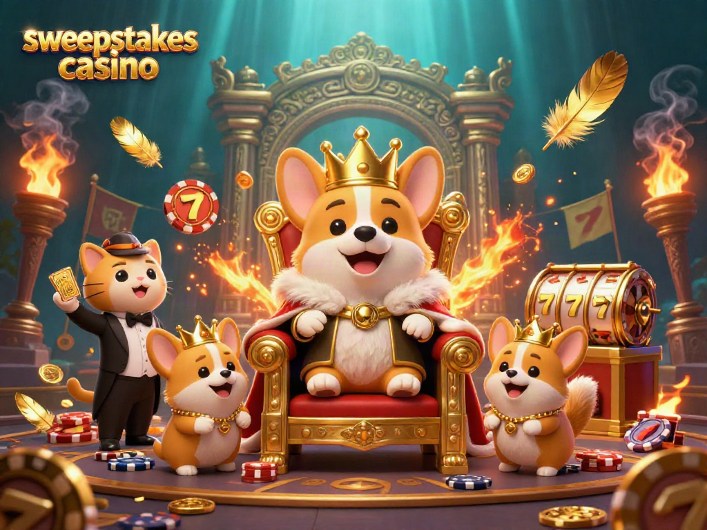 Sweepstakes casino scene featuring a royal corgi on a poker chip throne amidst dynamic slot reels and gold coins.