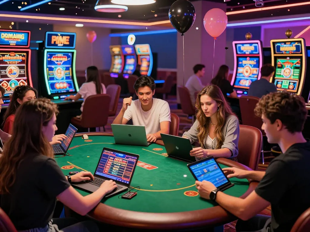 Dynamic online 娛樂城 scene with friends playing casino games, showcasing excitement and fun.