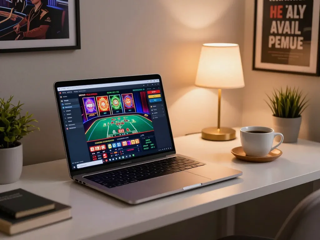 W188 online casino gaming setup showcasing live dealer blackjack on laptop with warm lighting.