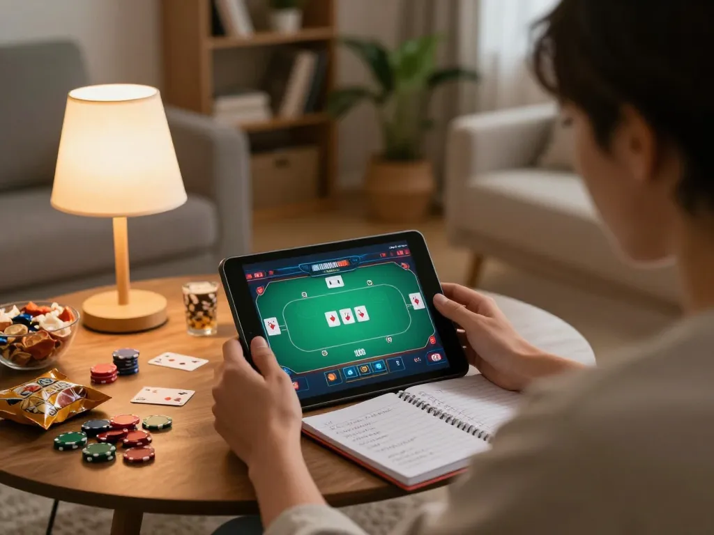 Player enjoying online gaming experience on ssbet77 tablet, surrounded by strategy notes and snacks.