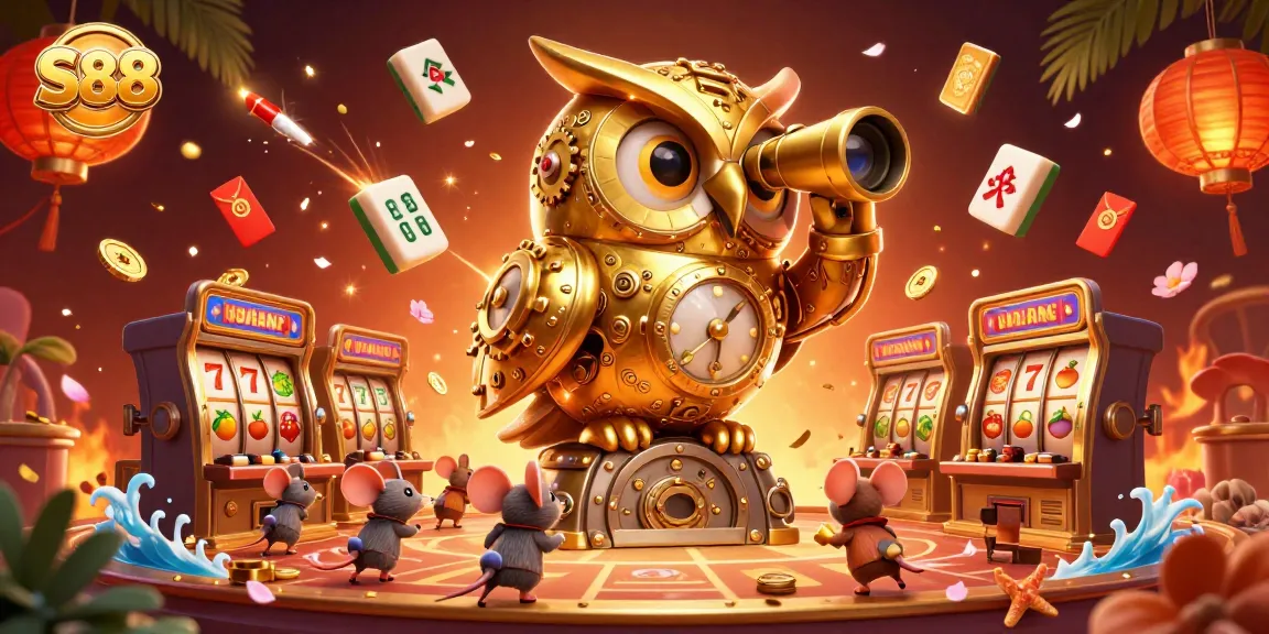 Experience thrilling gameplay at S88 with lively 3D illustrations of golden owl and dynamic slot machines.