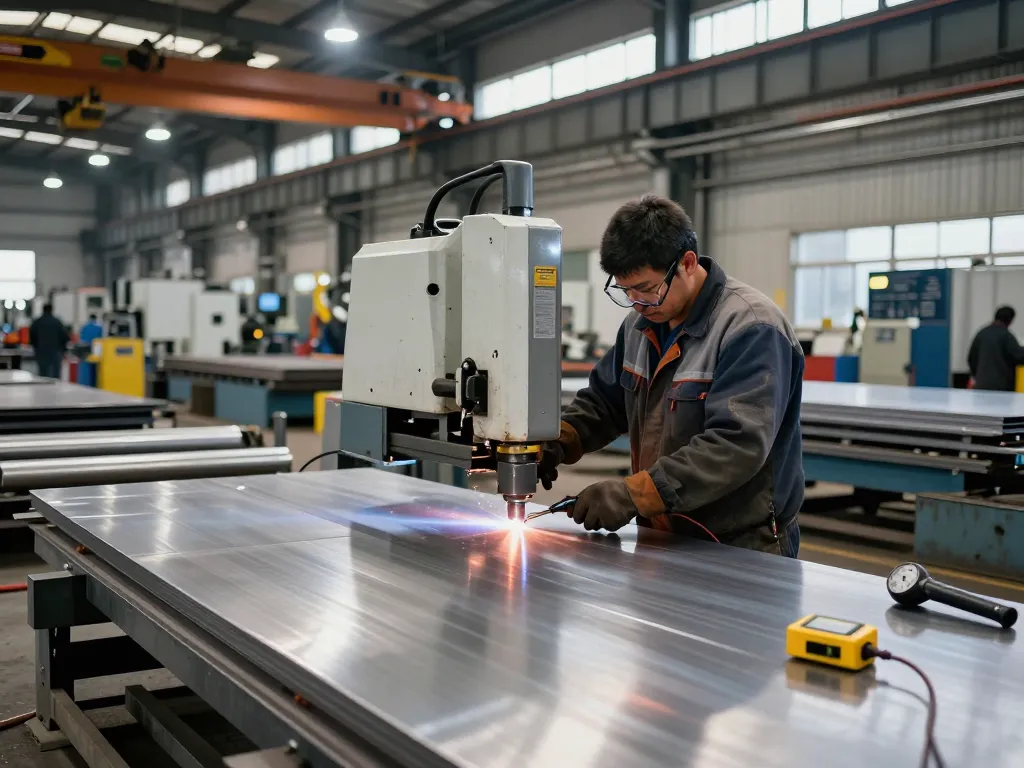 Worker operating stainless steel machinery in a busy sumwin manufacturing facility, demonstrating expertise and precision.