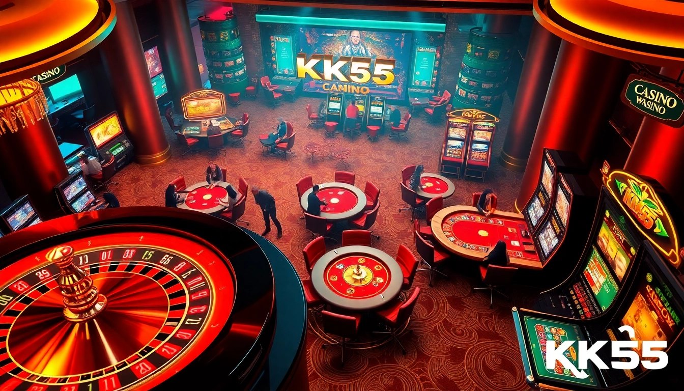 KK55 casino scene featuring vibrant slot machines and engaging poker tables in an upscale atmosphere.
