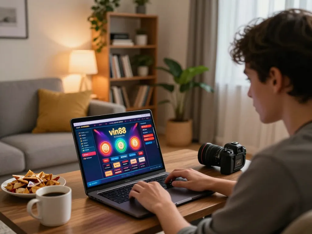 Engaging home gaming scene with a player using vin88 online casino on a laptop, showcasing a relaxed atmosphere.