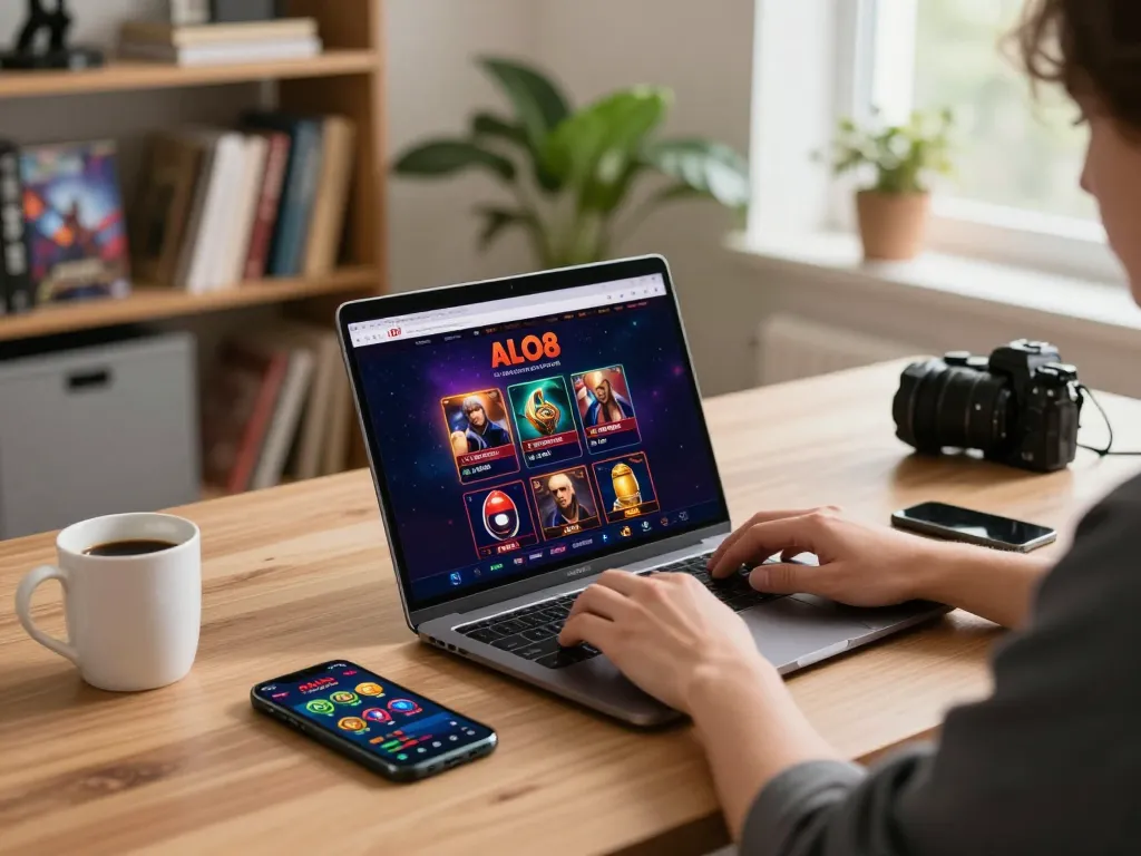 Player engaging with ALO8 online casino on a laptop, surrounded by betting apps and strategy books in a warm home office setting.