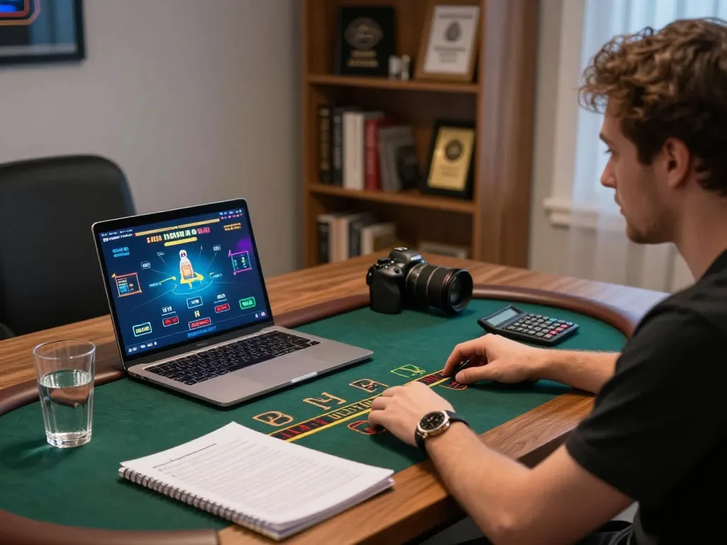 Red88 player strategizing in cozy home setup for live dealer blackjack online gaming.