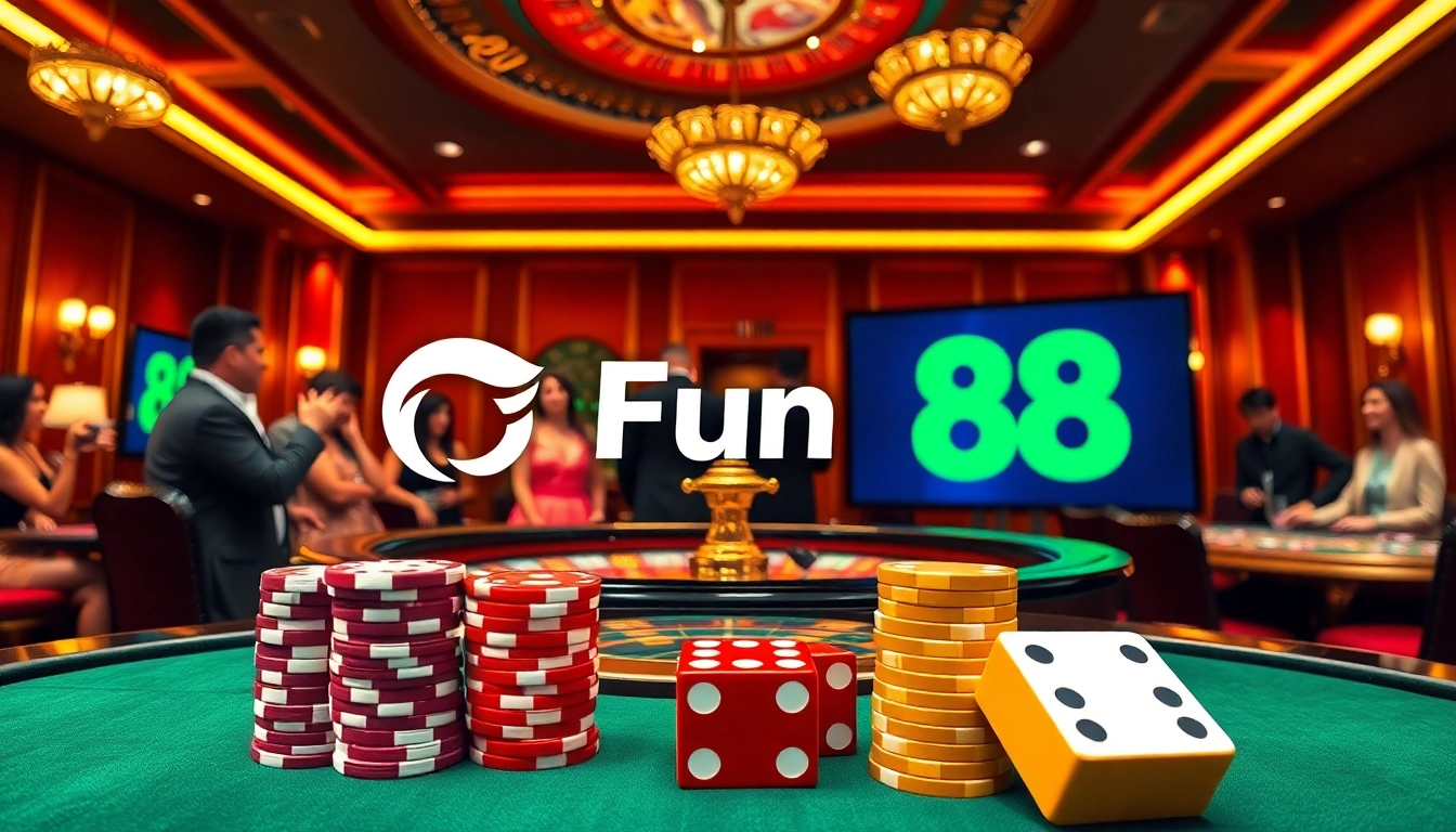 Experience the thrill of Fun 88 at a luxurious casino with roulette and poker chips.