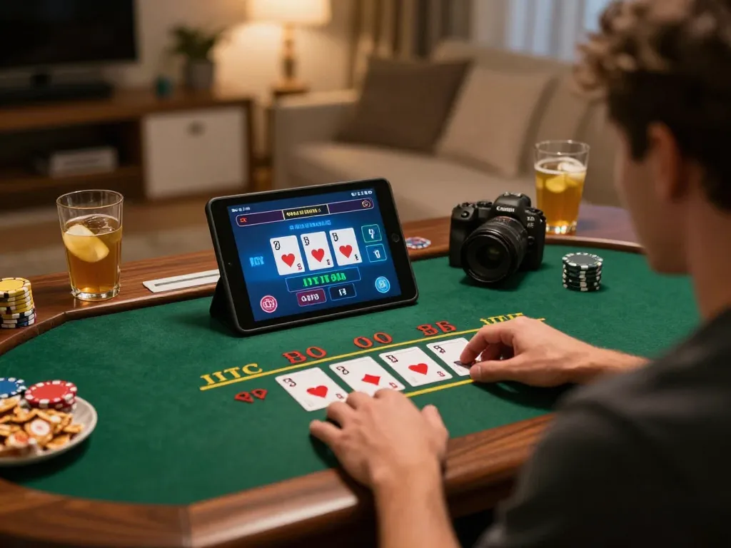 Player enjoying sam86 live dealer blackjack on tablet, cozy home atmosphere, strategic gaming.