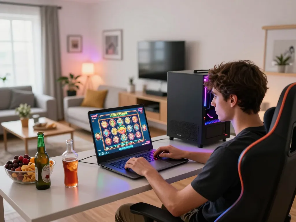 Player enjoying O8 online casino games on a laptop in a vibrant home setting