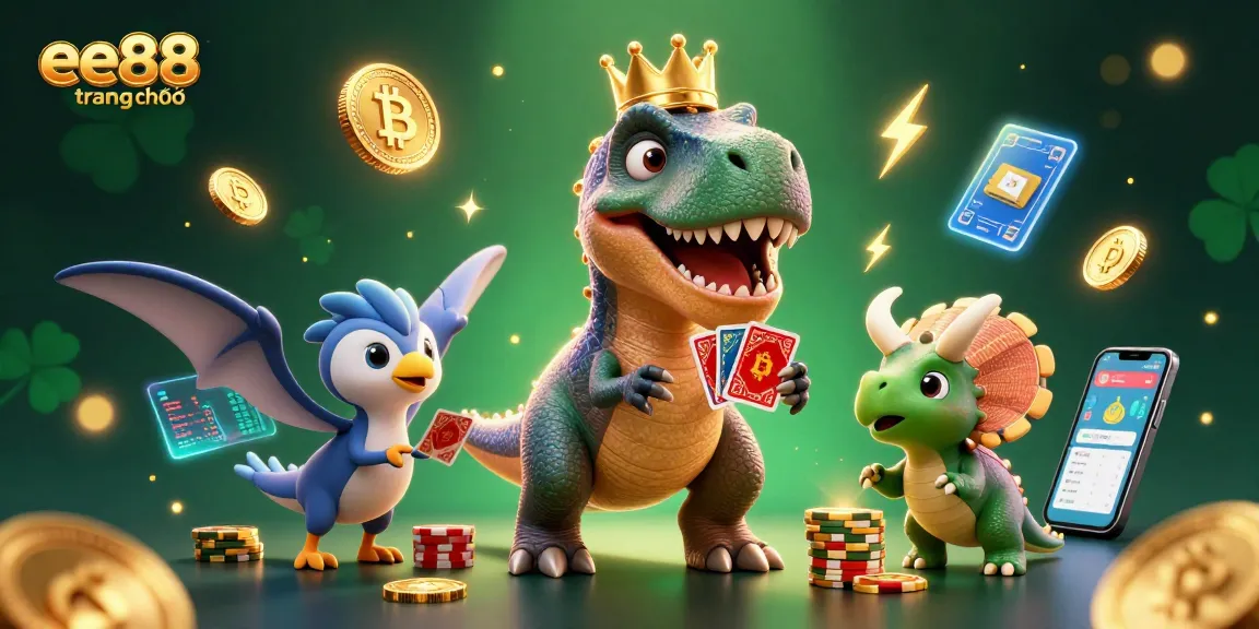 Playing games at ee88 trang chủ with friendly cartoon dinosaurs amidst vibrant casino elements and cryptocurrency icons.