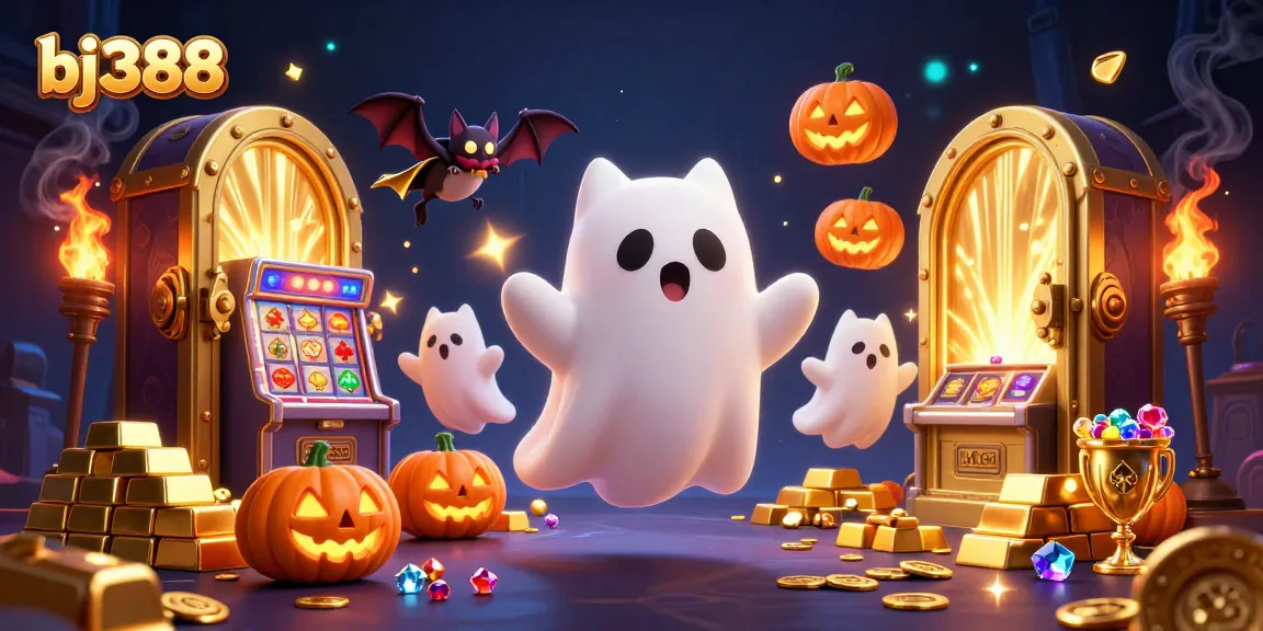 Experience thrilling bets at bj388 with a friendly ghost cat and vampire bat in a vibrant casino setting.