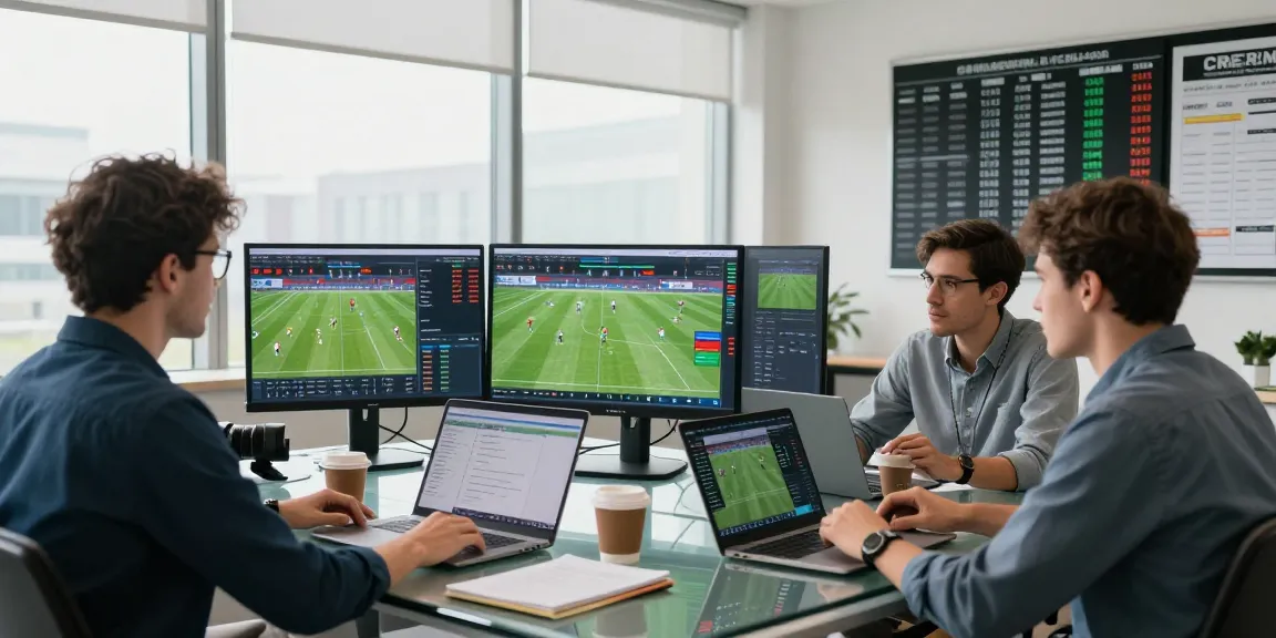 A team analyzing tỷ lệ kèo nhà cái in a modern office setting with multiple monitors and charts.