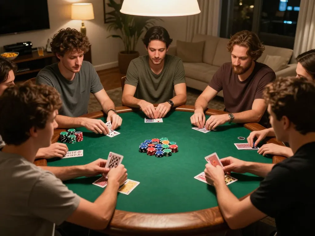 CK444 players enjoying an engaging poker night at home with vibrant chips and warm lighting