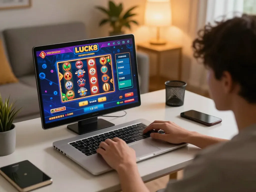 Player enjoying LUCK8 online casino games on laptop in cozy home setting.