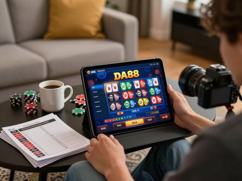 Engaging in gameplay on DA88's online casino interface while enjoying a cozy home environment.