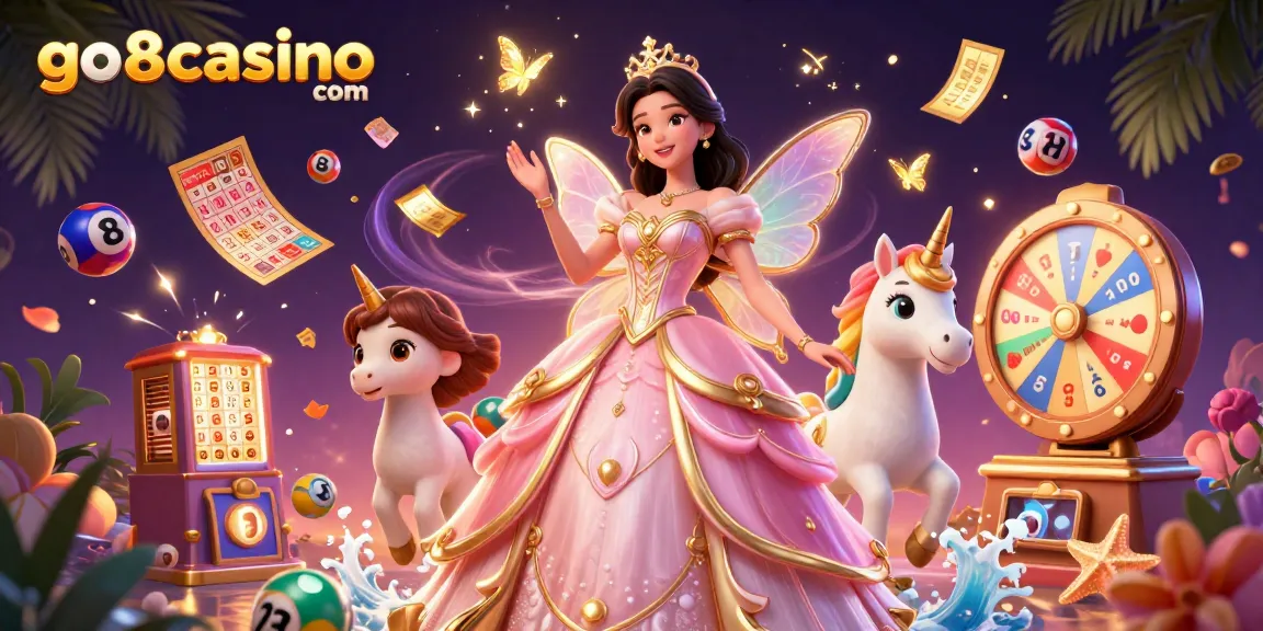 Win big at go8casino com with a vibrant 3D illustration of games, luck, and celebration.
