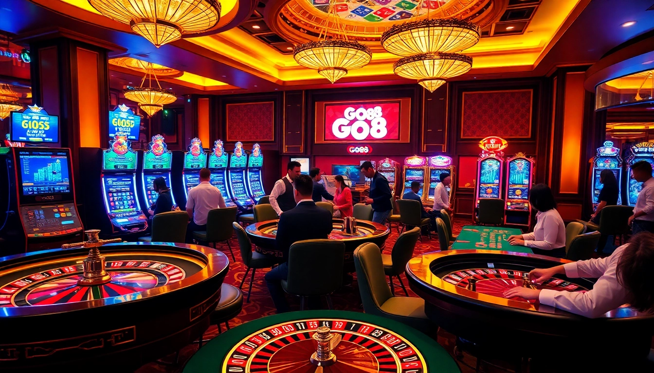 Exciting gaming scene featuring GO88 with vibrant slot machines and poker chips.