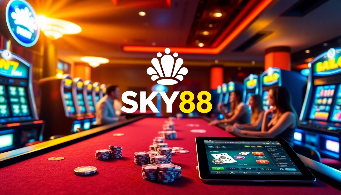 Experience the thrill of SKY88 at a dazzling casino table filled with poker chips and excited players.