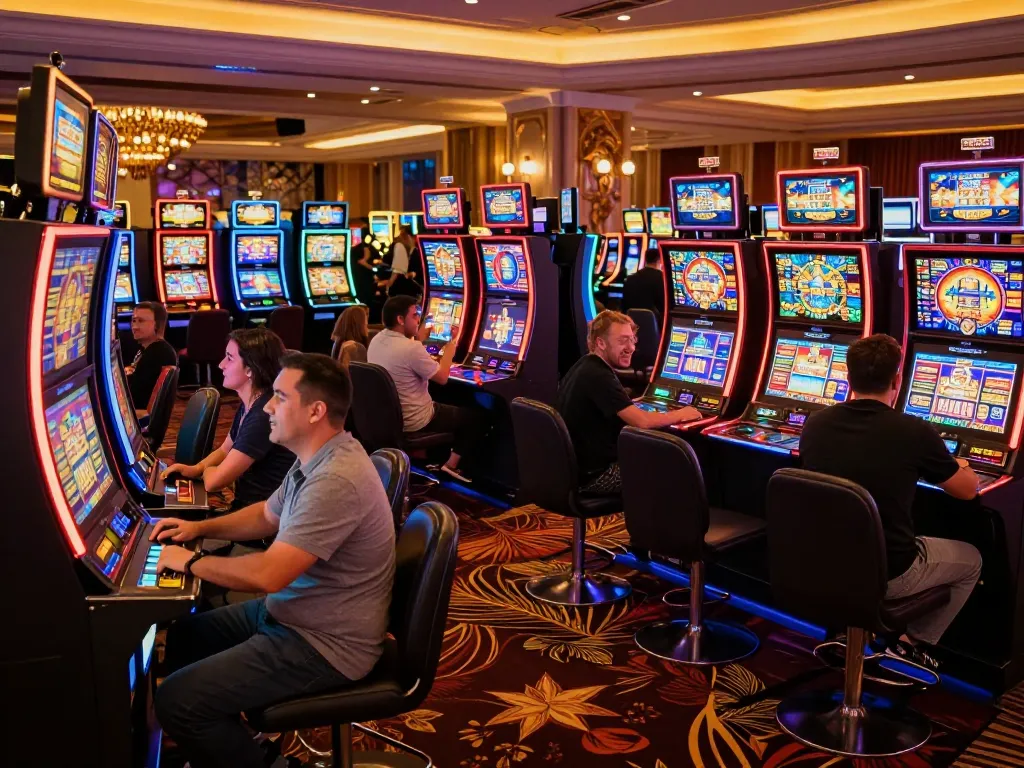 Players winning at lc88 slot machines in a vibrant casino, showcasing excitement and engagement.